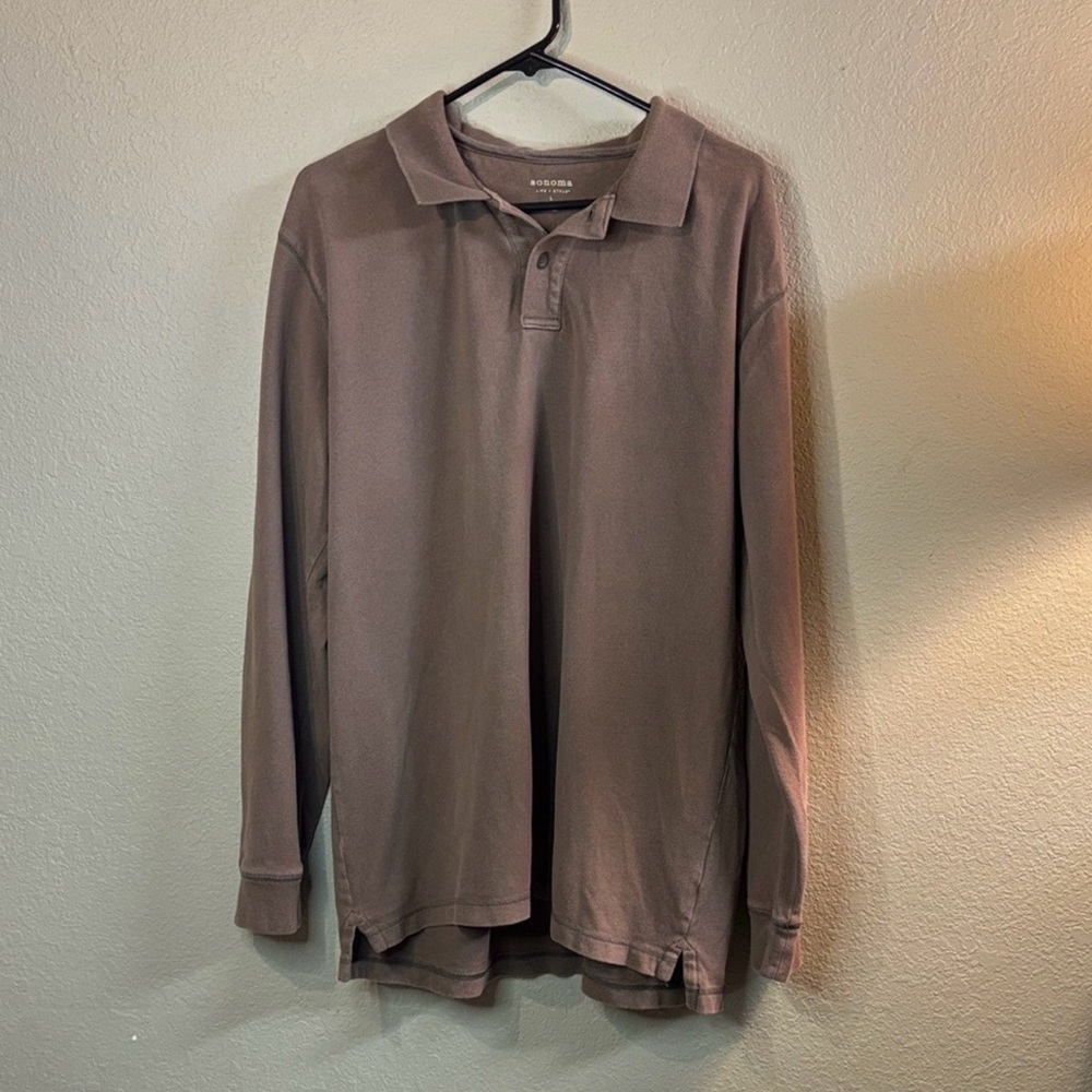 Sonoma Shirt Men’s Brown Long Sleeve Collared Polo Preppy Casual Golf Top Large
